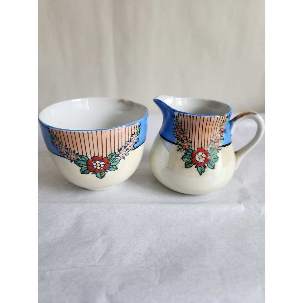 Vintage Chikaramachi Hand Painted Porcelain Creamer Sugar Set Blue Lusterware